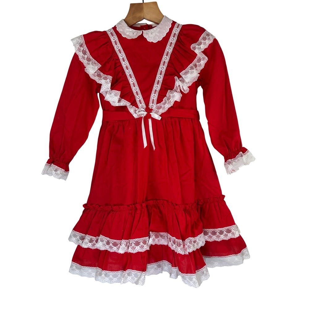 Little Princess Vintage Red Lace Ruffle Victorian Dress Girls 10 Made in USA